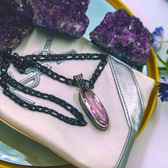 Rose Quartz Sterling Silver Steel Necklace - Picture 1 of 1